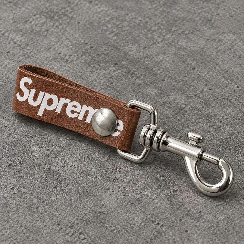 Supreme Leather Key Loop Brown Silver Swivel Lobster Clasp Logo Keychain OS EXCL